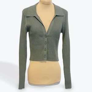Aerie Ribbed Collared Button Up Crop Cardigan Sweater Sage Green Size S